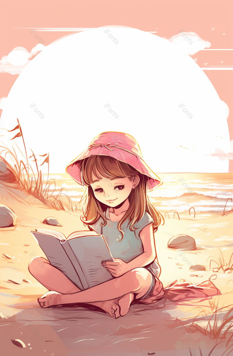 粉色系小女孩海边看书卡通效果背景图,插画/手绘图,插画/手绘图库,插画/手绘图下载,插画/手绘